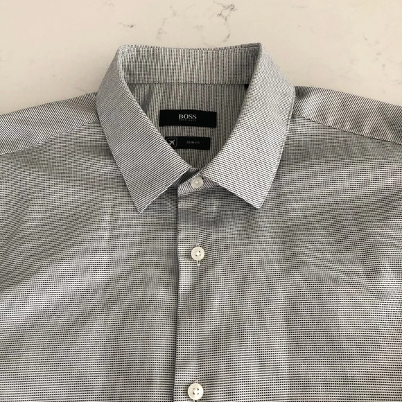 Boss Hugo Boss Isko Slim Fit Button Down Cotton Shirt Black + White Sz 16.5 NWOT - Picture 4 of 15